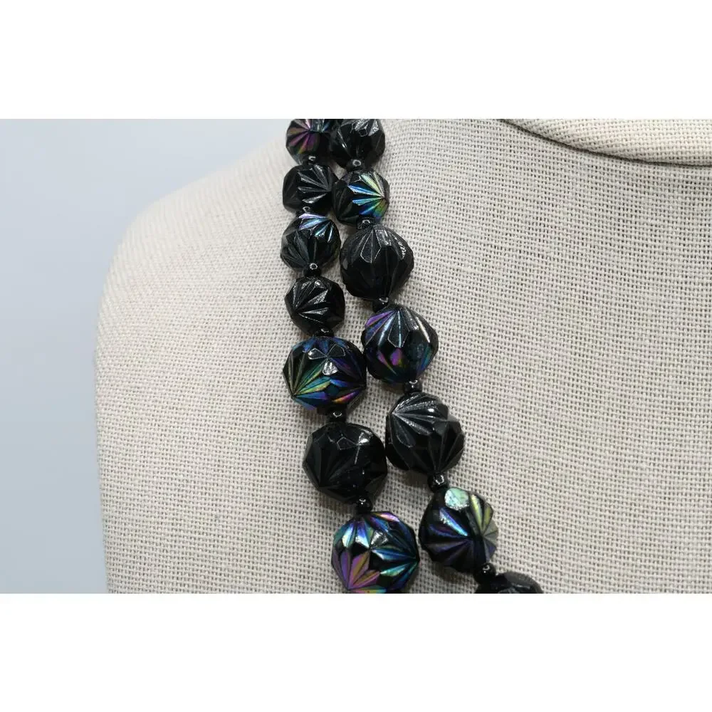 Vintage West Germany Black Iridescent Lucite Bead Necklace Double Strand